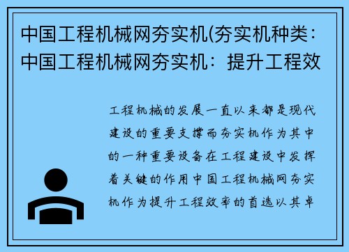 中国工程机械网夯实机(夯实机种类:中国工程机械网夯实机:提升工程效率的首选)